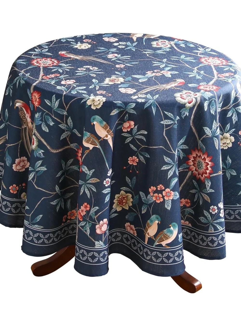 Blue Floral & Bird Round Tablecloth - Decorative Home Dining Linen